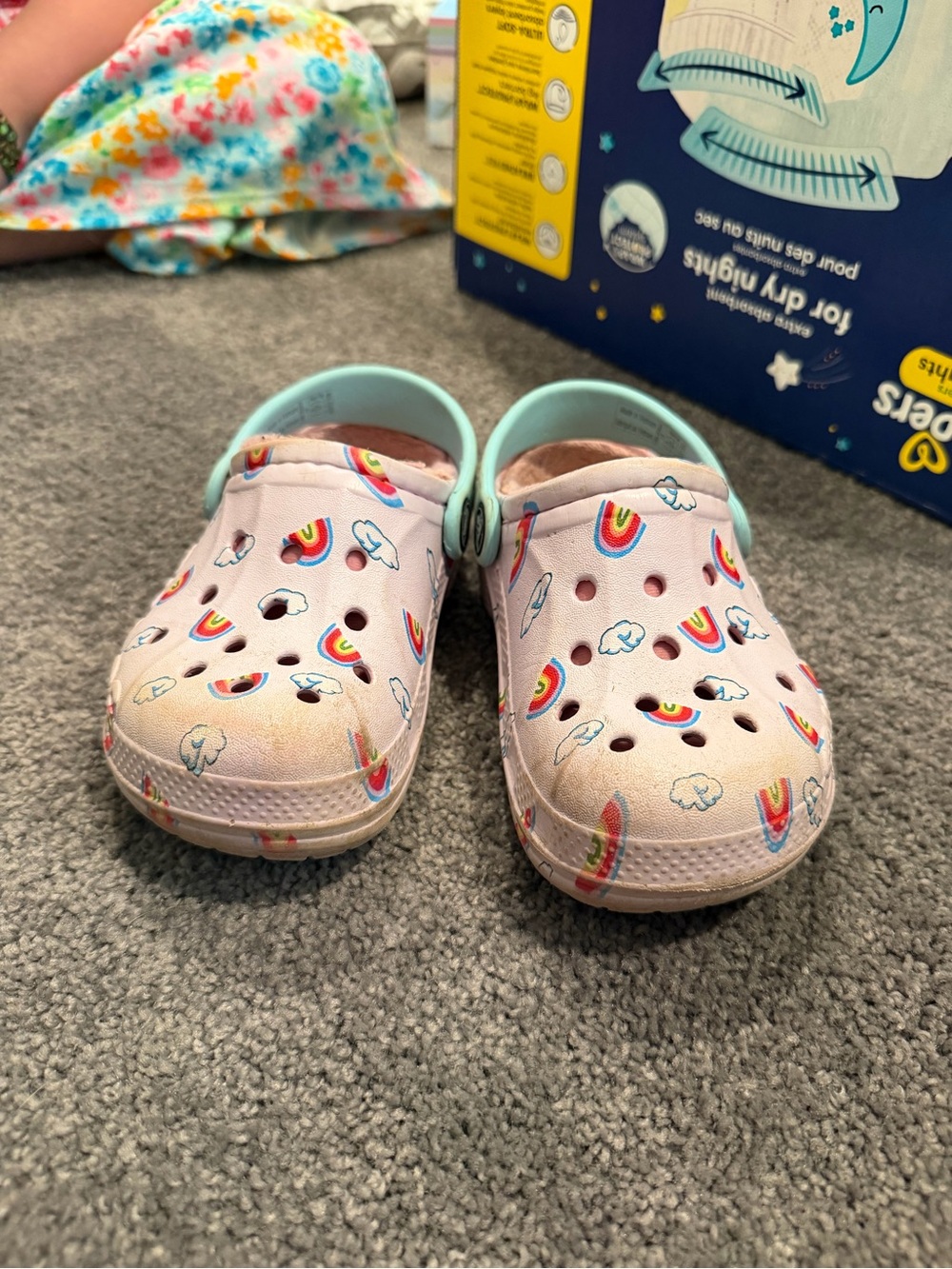 CROCS Kids Pink Clog Sandals with Rainbow Print and Mint Strap
